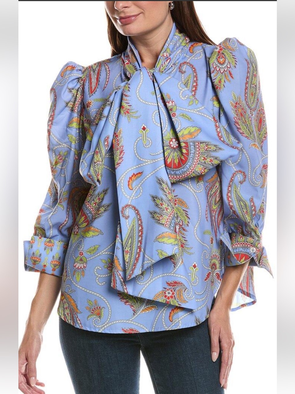 Gretchen Scott Designs Billow Tie-Neck Puff Sleeve Blouse - Periwinkle Multi